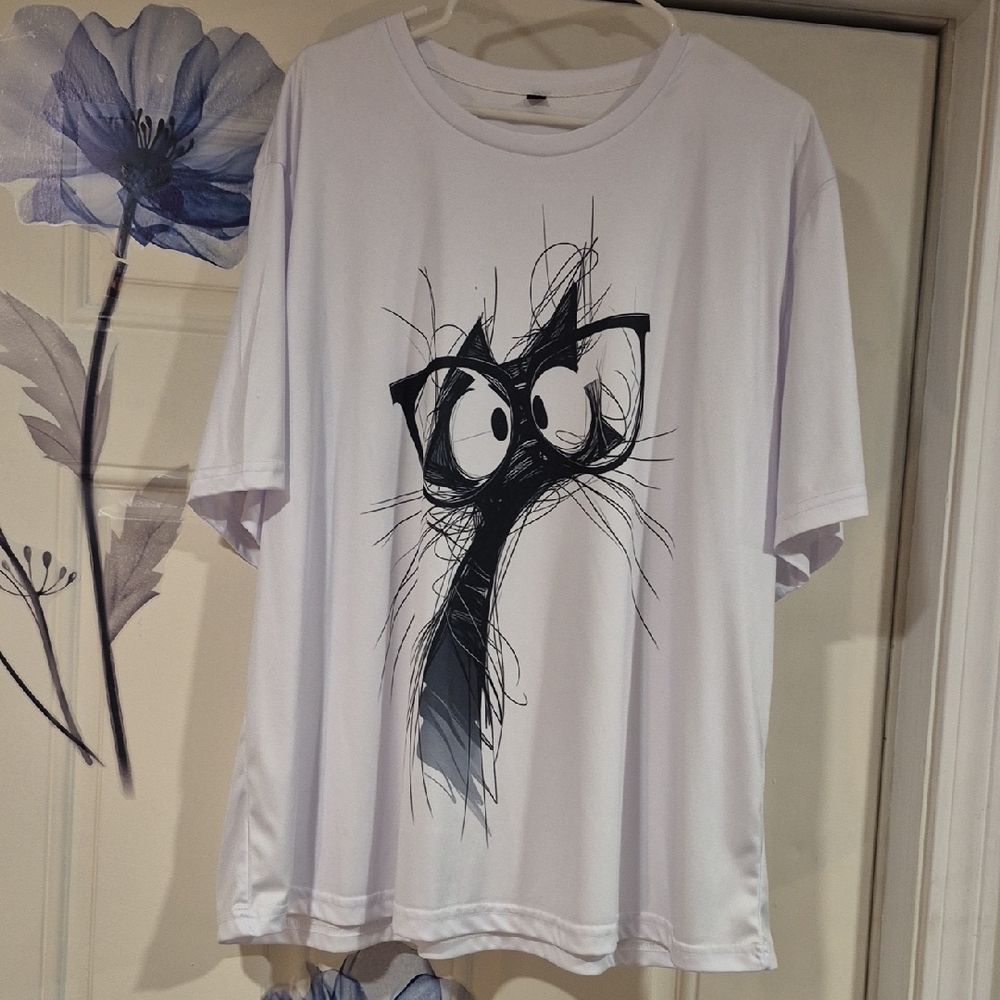 White Tee with Playful Black Cat Graphic